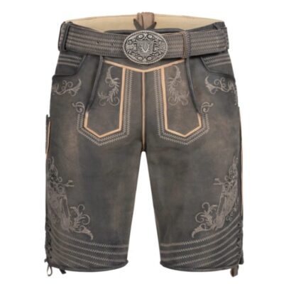 Front view of Vintage Charcoal lederhosen featuring dark charcoal leather with light embroidery and signature belt