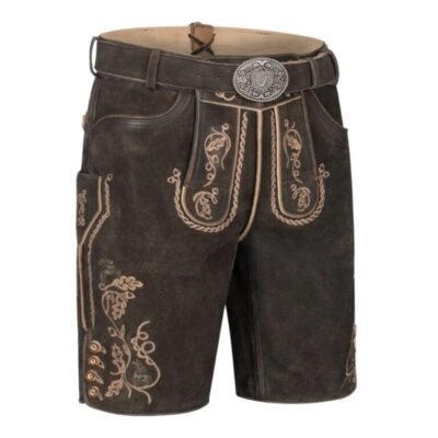 Right-side view of Vintage Suede Oktoberfest shorts featuring floral embroidery and detailed side seams
