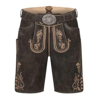 Full front image of Vintage Suede lederhosen with antique metal belt buckle and symmetrical embroidered panels