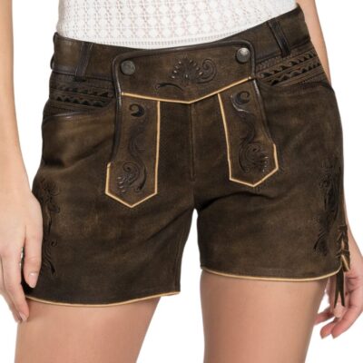 A front view of traditional women’s lederhosen shorts in dark brown leather, highlighting ornate black and beige embroidery, double flap front, decorative buttons, and contrasting piping.