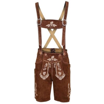 Front view of Alpengrün kids lederhosen outfit with suspenders in brown suede