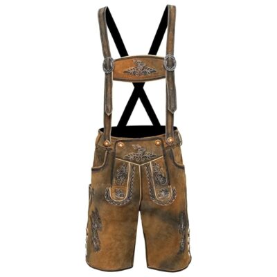 Front view of Bergkind kids lederhosen with deer and leaf embroidery