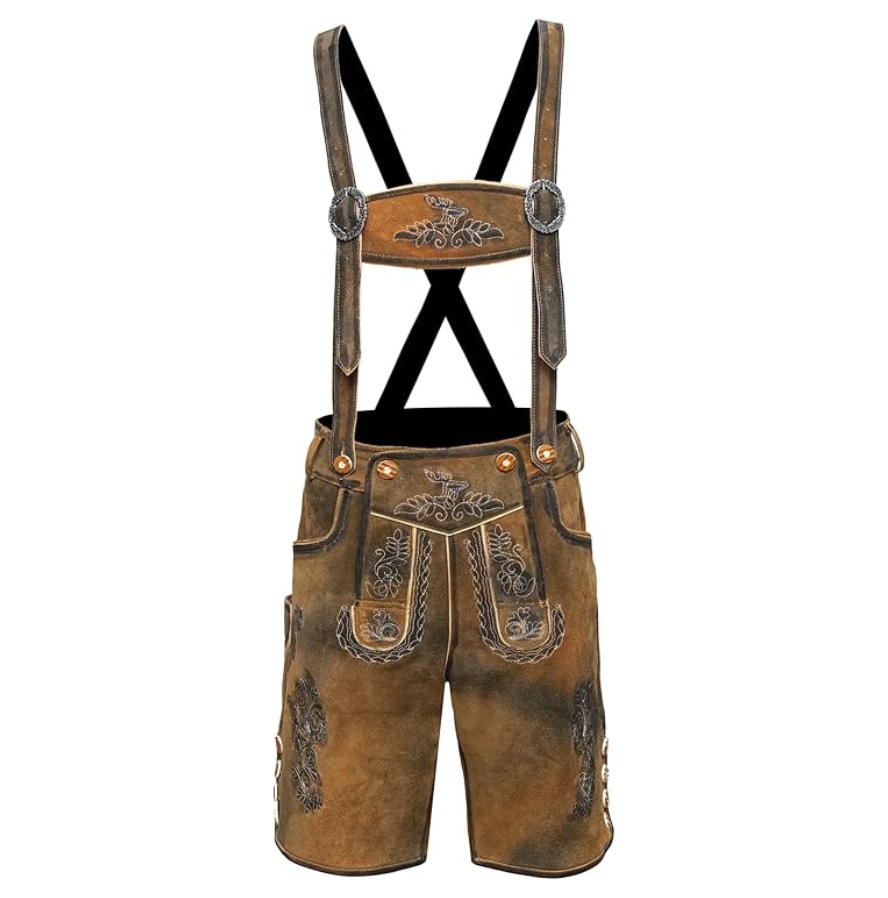 Front view of Bergkind kids lederhosen with deer and leaf embroidery