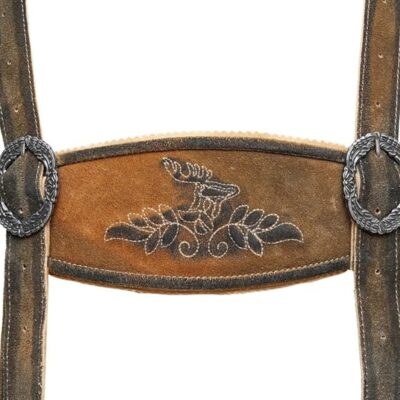 Close-up of embroidered chest strap with deer design on Bergkind lederhosen