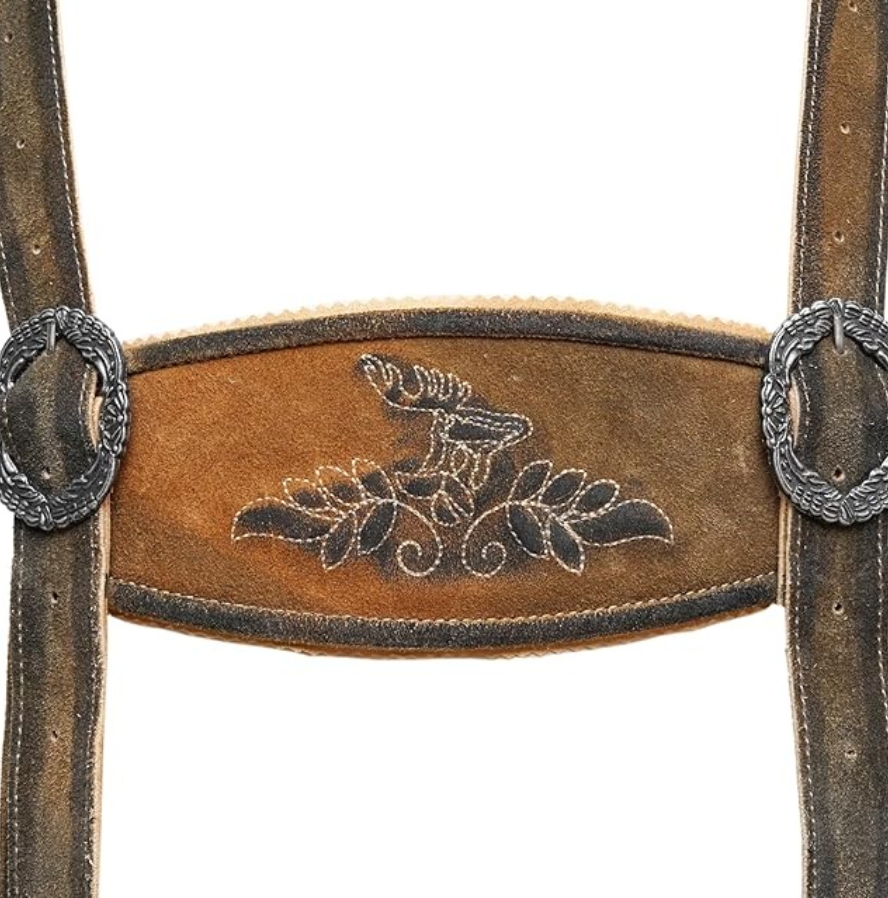 Close-up of embroidered chest strap with deer design on Bergkind lederhosen