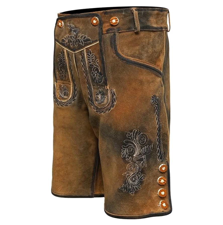 Side view of brown suede Bergkind lederhosen with traditional stitching