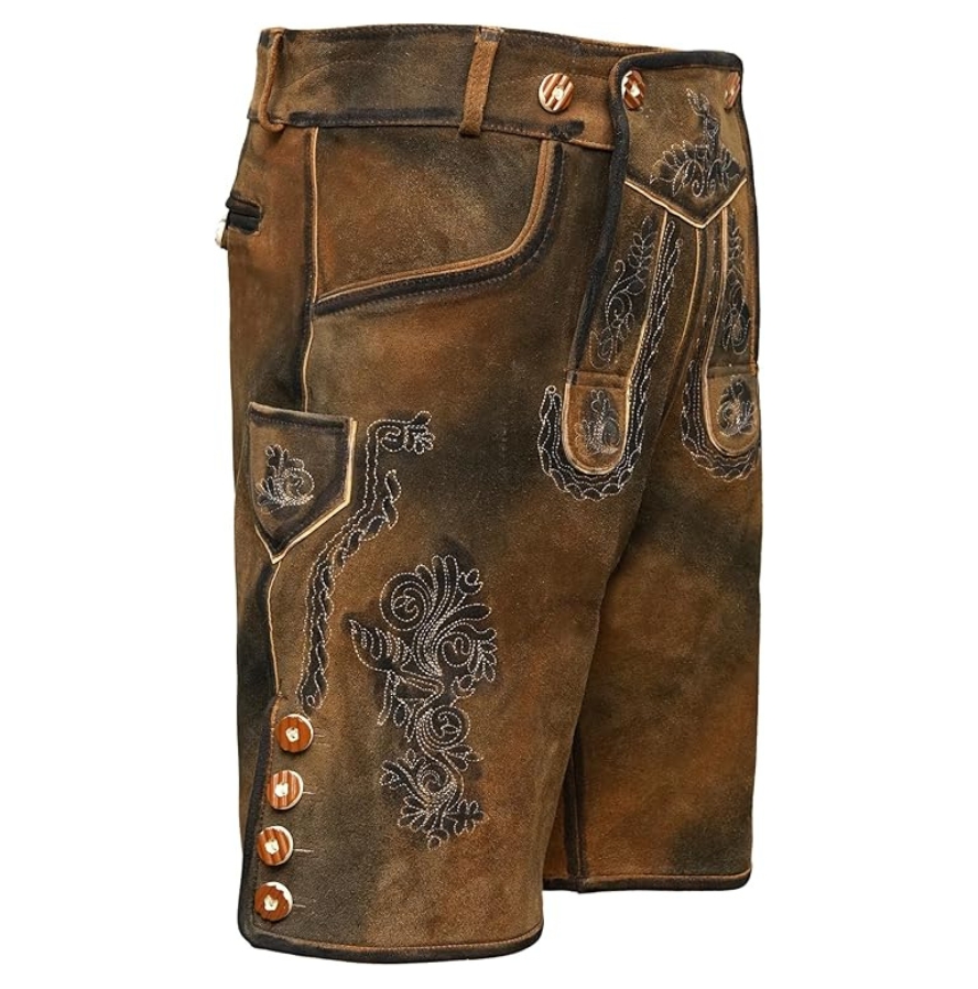 Rear angle of Bergkind lederhosen showing embroidered deer on back pocket