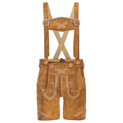 Front view of Little Bavaro kids lederhosen with cream embroidery and suspenders