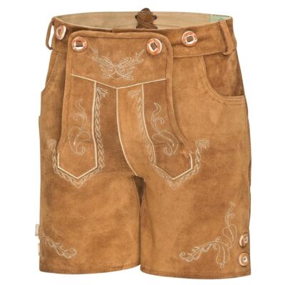 Detailed front embroidery on tan suede Little Bavaro kids lederhosen