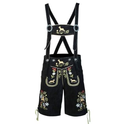 Front view of Mini Jäger kids lederhosen with colorful deer and floral embroidery