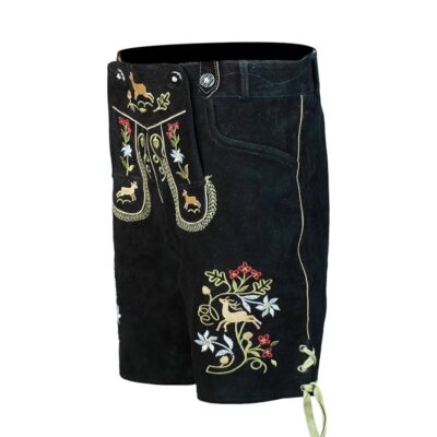 Side close-up of Mini Jäger lederhosen featuring traditional alpine embroidery on black suede