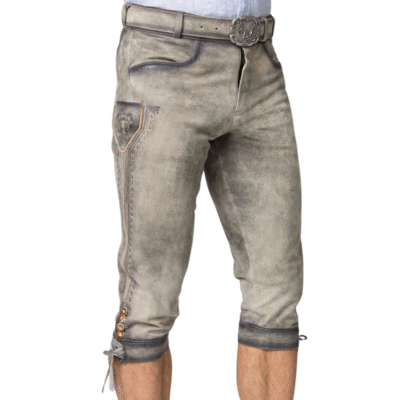 Angled right view of stone ash knee-length Bavarian lederhosen, with pockets, shading accents, and traditional cuff buttons and ties.