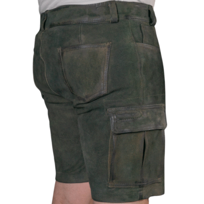 Green leather lederhosen with a flap cargo pocket and angular rear pocket seam.