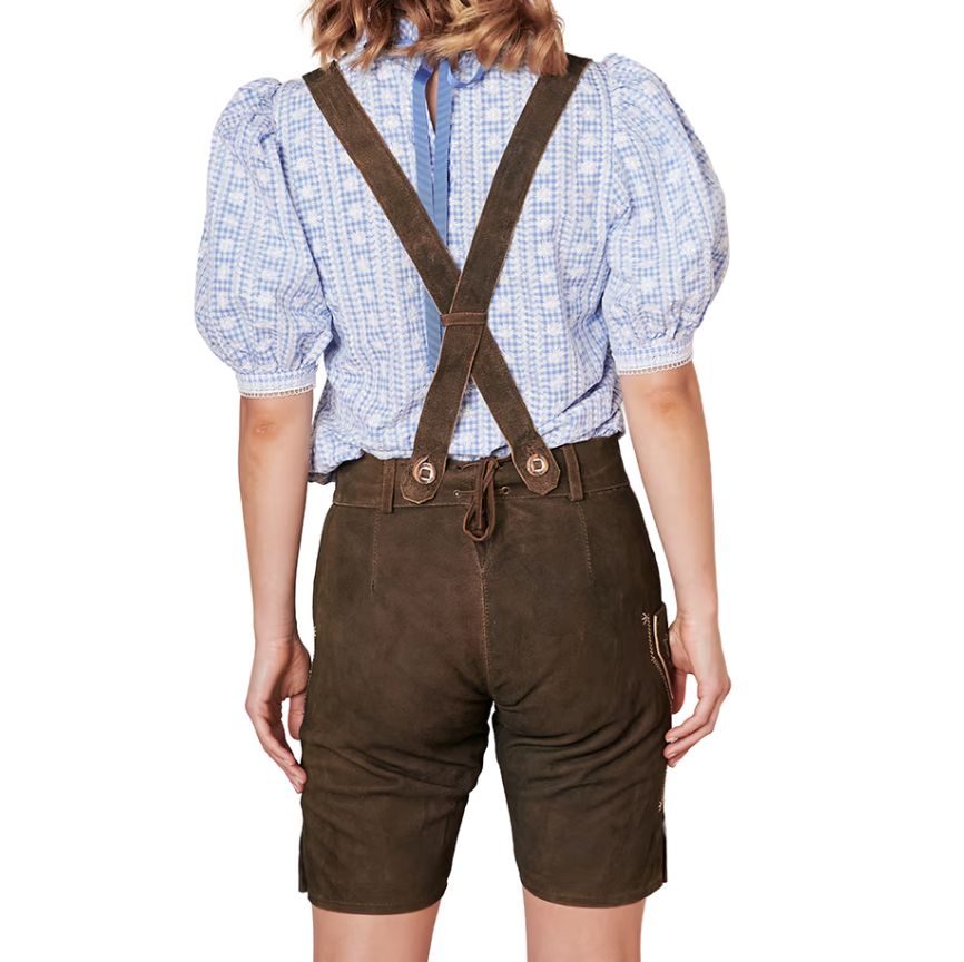 Back view of traditional dark brown Lederhosen shorts with suspenders and lace-up back.