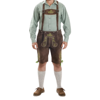 Full front view of a man dressed in traditional Bavarian attire including dark brown lederhosen with bright green embroidery, matching suspenders, green check shirt, and alpine shoes.
