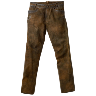 Front view of rustic brown Bavarian long lederhosen laid flat, highlighting detailed stitching, classic button fly, and embroidered front pockets.