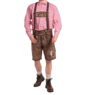 Man wearing a full traditional Bavarian outfit with red checkered shirt, brown embroidered lederhosen, suspenders, and lace-up boots.
