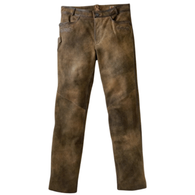 Front view of Bavarian long lederhosen laid flat, showing their natural brown suede texture, pockets, and embroidered front panel.