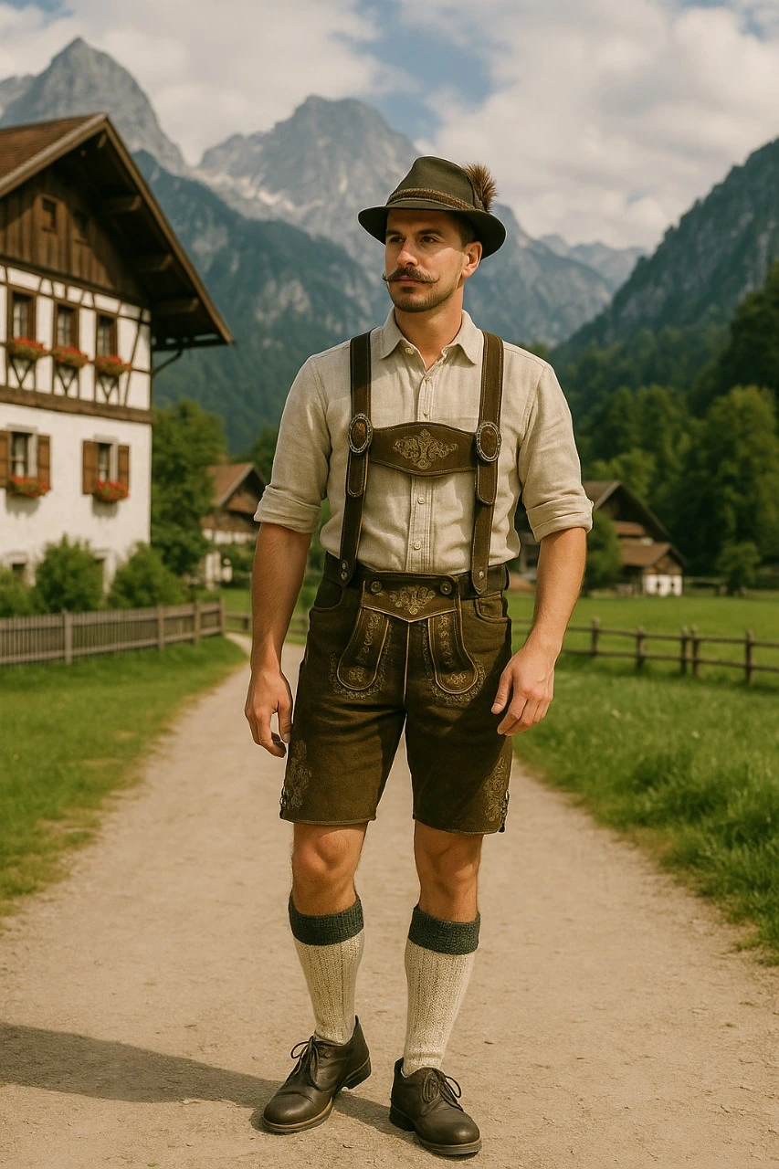 Man in traditional Bavarian lederhosen and alpine hat standing on a path with scenic mountains and rustic buildings in the background.