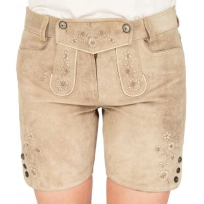 Front view of women's beige Bavarian leather shorts with floral embroidery, traditional flap design, and button details on both legs.