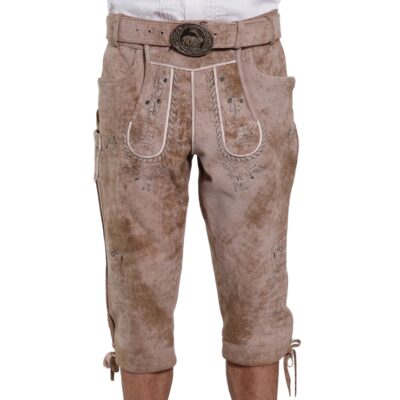 Front-facing image of beige knee-bundhosen with ornate embroidery on the flap and thighs, a decorative belt buckle, and traditional tie closures at the knees.