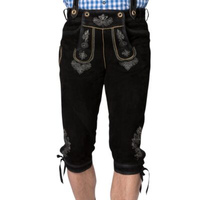 Front view of black knee-length bundhosen featuring ornate front flap embroidery, embroidered thigh accents, and leather suspenders over a blue checkered shirt.