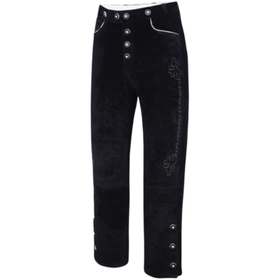 Angled view of the black traditional lederhosen pants showing white piped pockets, decorative side embroidery, and front buttons.