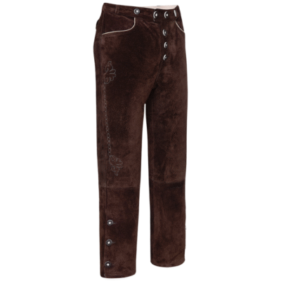 A side-angled view of the lederhosen, highlighting the decorative embroidery, button fly, and the smooth suede texture of the fabric.