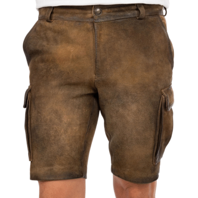 Front view of rustic brown cargo-style leather lederhosen with dual flap pockets and classic button-fly closure.