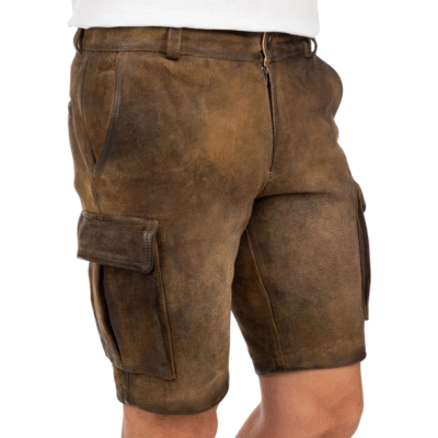 Back angle of brown leather cargo lederhosen showing flap pocket, buttoned rear pocket, and vintage leather texture.