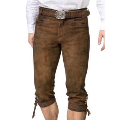 Front view of chestnut brown leather bundhosen with a plain front design, rustic suede texture, traditional belt and buckle, and tie-fastened cuffs.