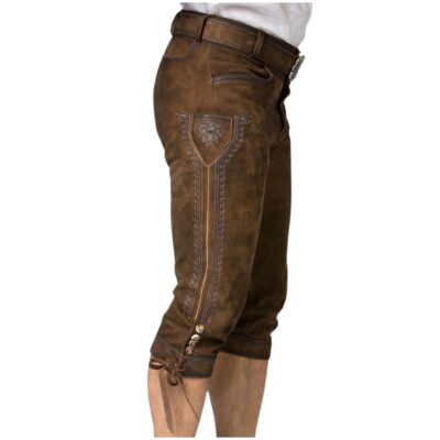 Right side view of chestnut knee-length lederhosen showing decorative seam stitching down the thigh and horn buttons above the cuffed hem.