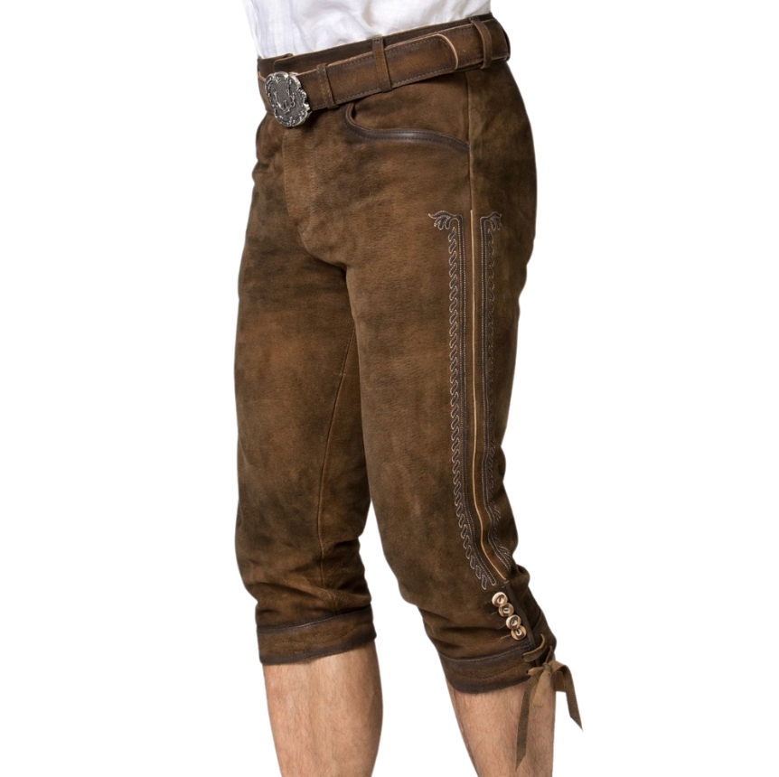 Left side view of chestnut Bavarian bundhosen featuring an embroidered flap pocket, decorative double side stitching, and knee-level buttons with ties.