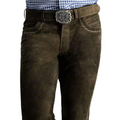 Close-up of dark brown suede lederhosen pants featuring detailed belt embroidery and a decorative silver buckle.