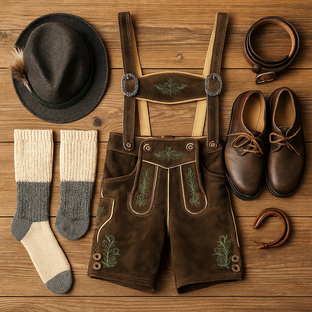 Flat lay of a full Bavarian outfit including lederhosen, socks, shoes, belt, and hat
