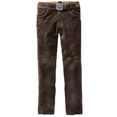 Flat lay image of traditional dark brown suede lederhosen pants with an engraved silver-buckled belt and side embroidery.