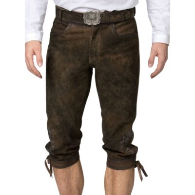Front view of traditional deep walnut knee-length lederhosen featuring a decorative belt with ornate buckle, and symmetrical embroidery near the knees Forest Crest