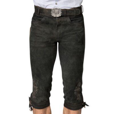 Front view of deep forest green leather bundhosen with an ornate belt buckle, subtle thigh embroidery, and plain front design without suspenders.