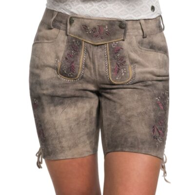 Front view of women's brown-gray suede lederhosen shorts featuring pink and gray floral embroidery, traditional front flap with decorative stitching, and belt loops.