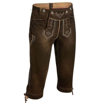 Front view of dark walnut brown Bavarian lederhosen featuring traditional embroidery on the front flap and thigh panels, with beige contrast stitching and knee-tie details.