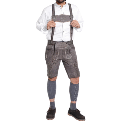 Full-body image of a man wearing traditional gray embroidered lederhosen with suspenders, a white Bavarian shirt, long socks, and dark shoes Alpine Spirit Lederhosen Outfit