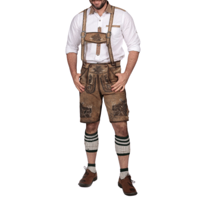 Full-body image of a man wearing traditional Bavarian brown lederhosen with white shirt, embroidered suspenders, and green-striped cream wool socks.