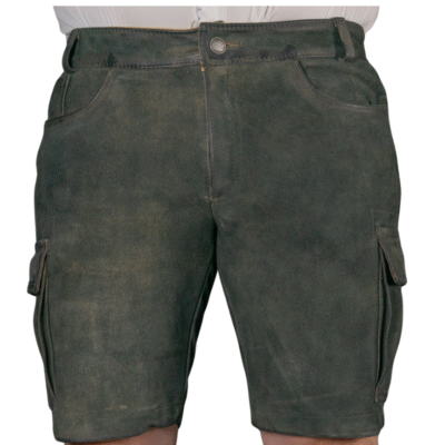 Deep green leather shorts styled with a buttoned waistband and large flap cargo pockets on both thighs.