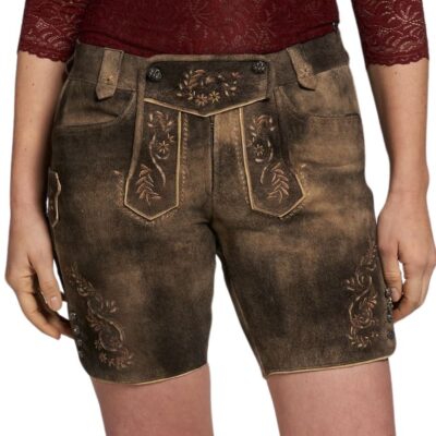 Front view of women’s Bavarian-style brown leather lederhosen shorts with intricate tan embroidery on the flap and thighs, and traditional horn-style buttons.