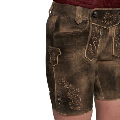 Side view of brown suede women’s Bavarian lederhosen shorts, featuring detailed floral embroidery, a side pocket flap, and three decorative buttons along the hem.
