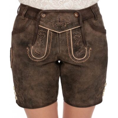 Traditional brown suede lederhosen shorts for women with ornate beige embroidery, classic drop-front flap, and side floral detailing.
