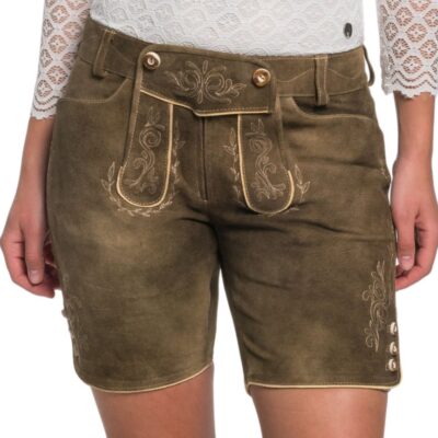 Front view of olive green suede lederhosen shorts for women, adorned with elegant cream embroidery, a decorative flap with buttons, and contrast piping. AlmGrün Women’s Lederhosen