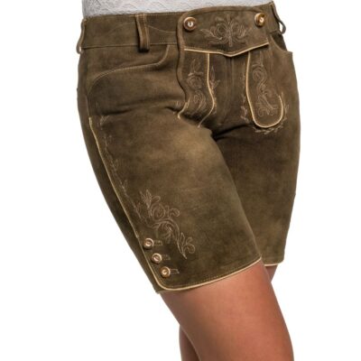 Side view of olive green women's lederhosen shorts with cream embroidery running down the side, featuring button accents and traditional Bavarian design details.