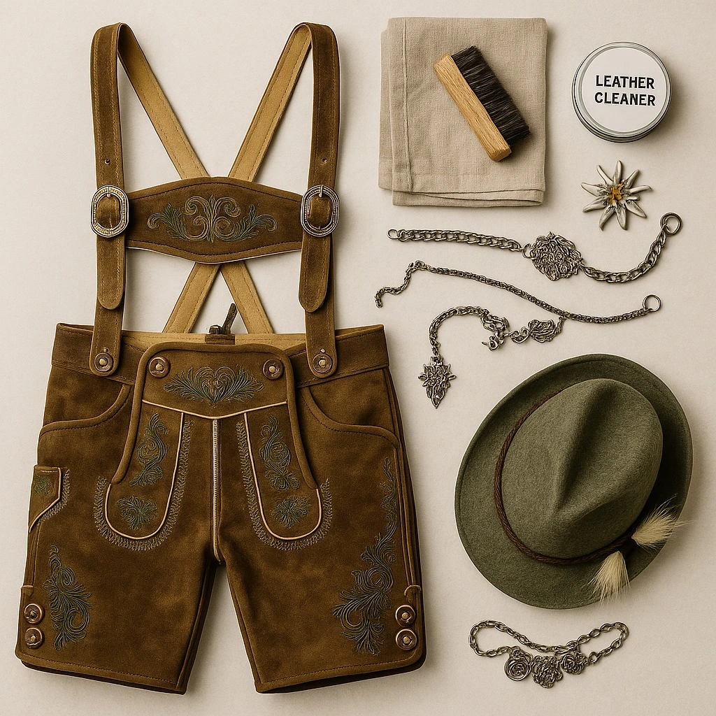 Flatlay of brown leather lederhosen with traditional Bavarian accessories, brush, cloth, and leather cleaner for proper maintenance.