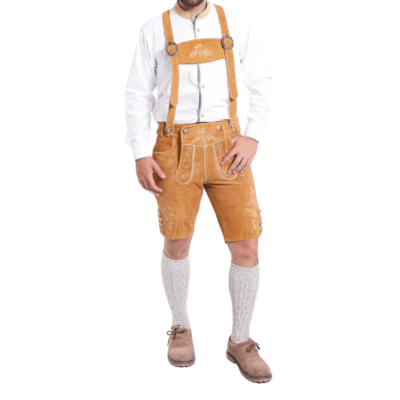 Full front view of a man in a golden tan traditional Bavarian outfit with white embroidered lederhosen, white shirt, and suspenders.